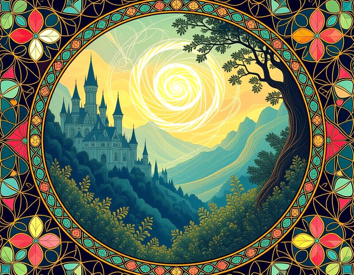 Embroidered Fractal Fairytale Land with Art Nouveau Elegance