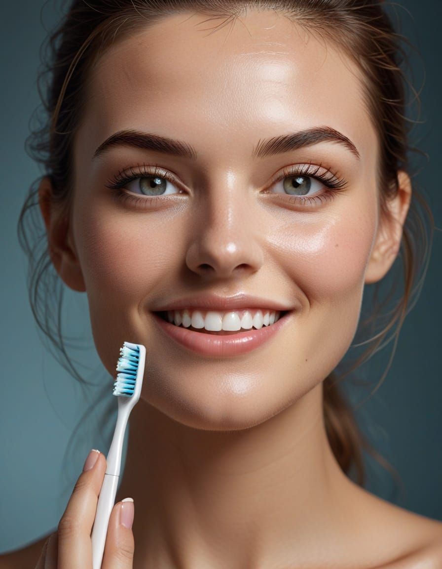 Hyper-Realistic Close-Up of a Young Woman's Face with a Toot...