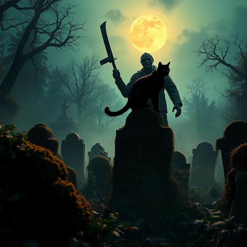 Jason Voorhees in Eerie Cemeteryscape with Black Cat