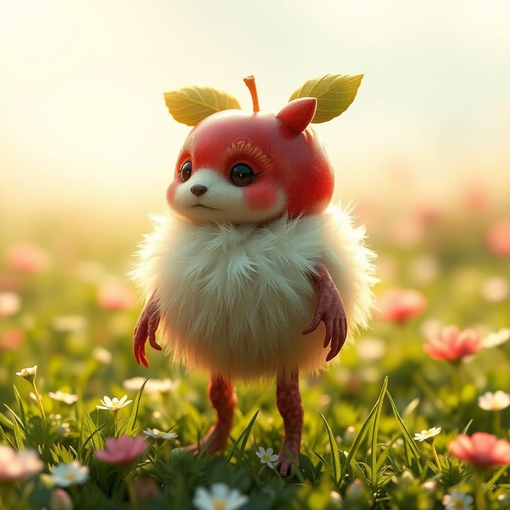 Anthropomorphic Apple-Dandelion Creature in 3D Anime Style