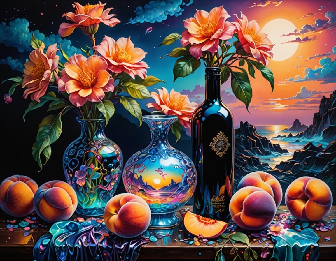 Dreamscape Still Life: Peaches and Black Bottle