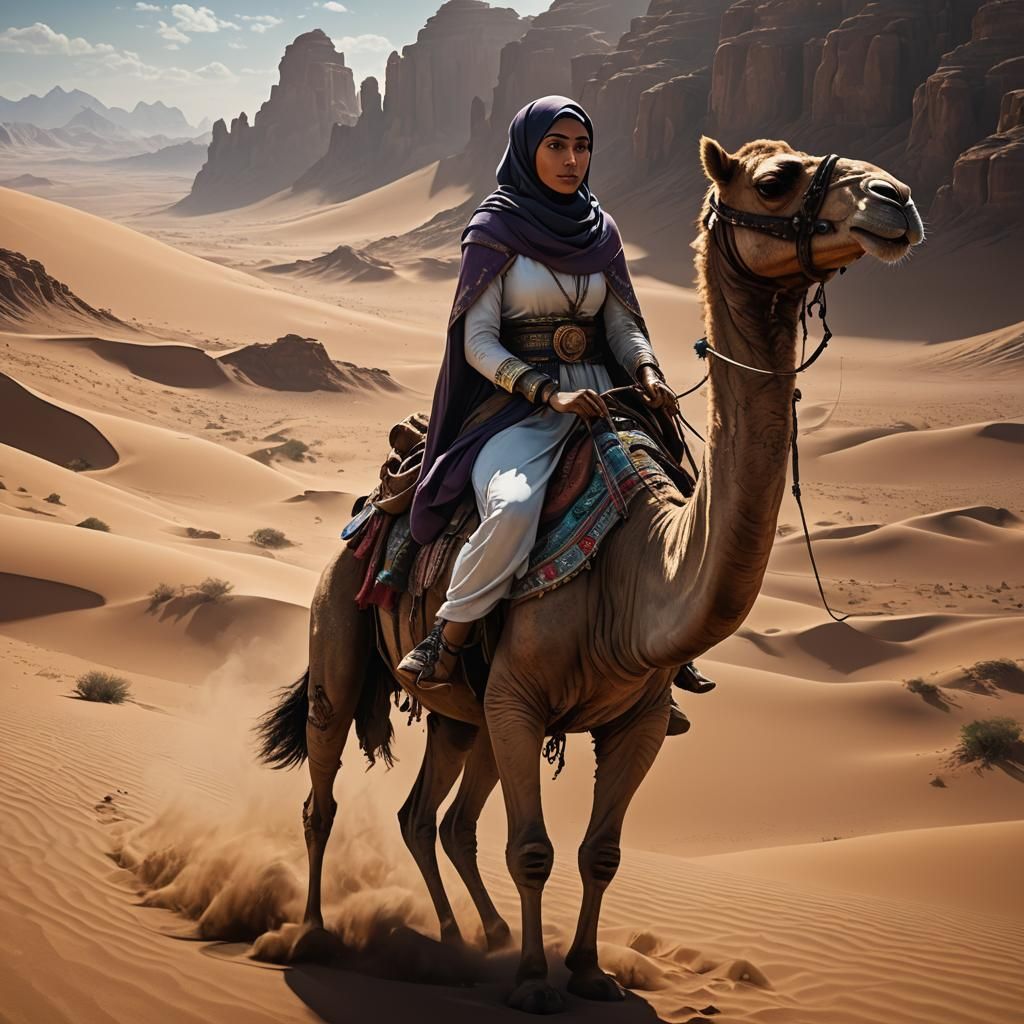 Hijabi Girl Rides Camel in Desert: Dark Fantasy Art