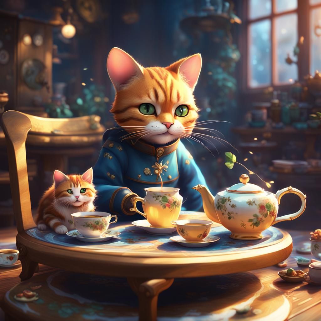 Cat and Mouse Tea Party: Vibrant Digital Anime Art
