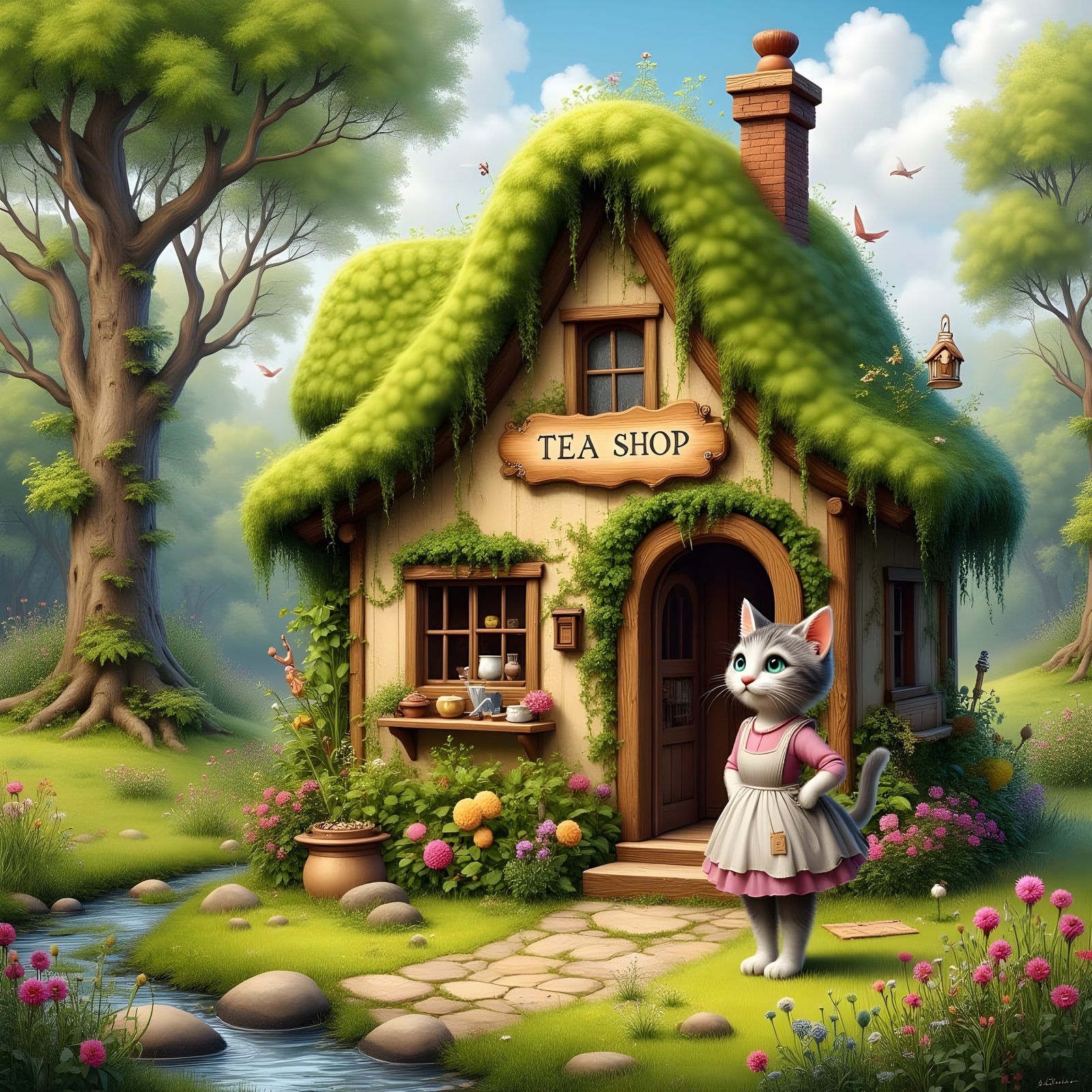 Whimsical Cat Tea Shop in Sun-Dappled Oil Painting Style