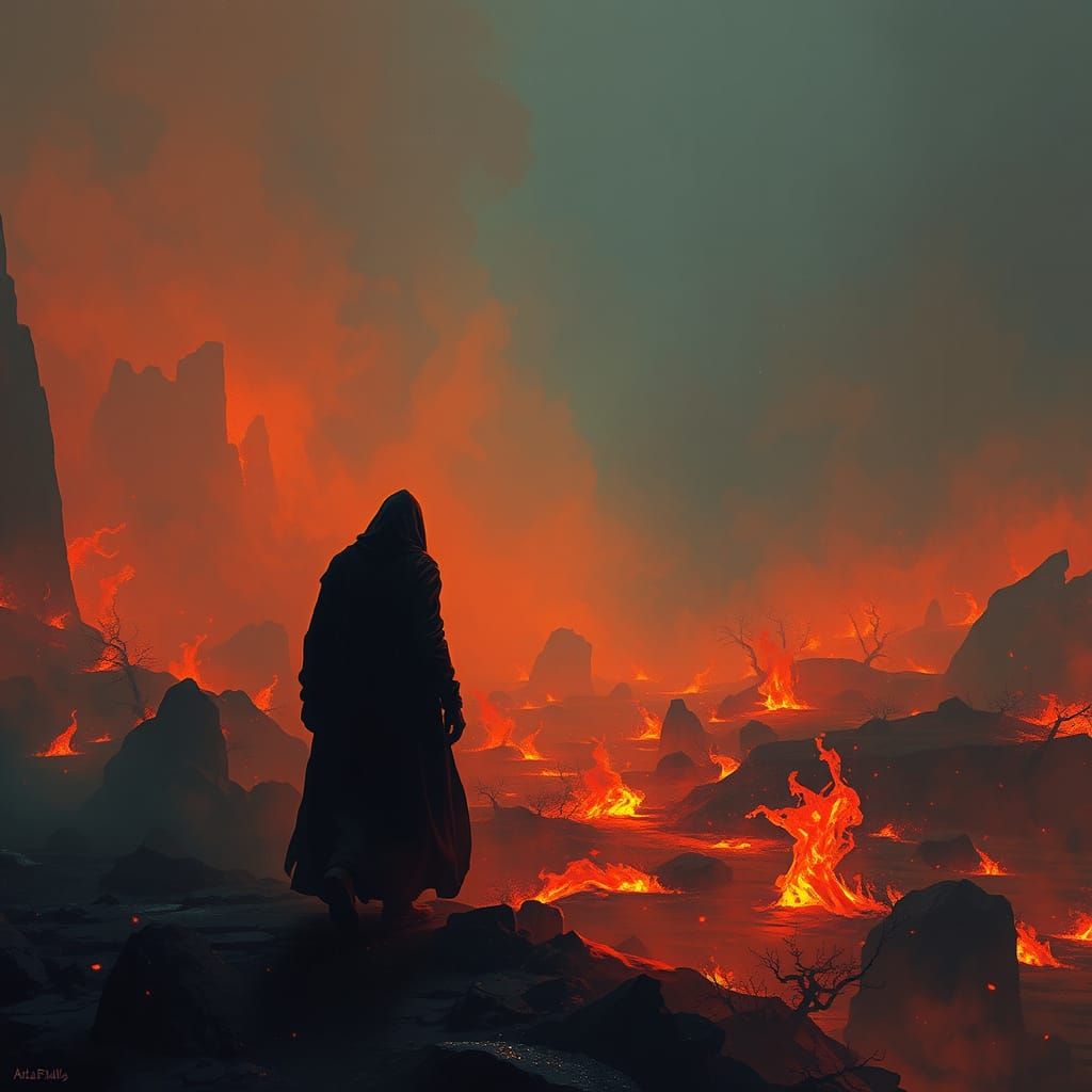 Surrealist Wanderer in a Fiery Abyss