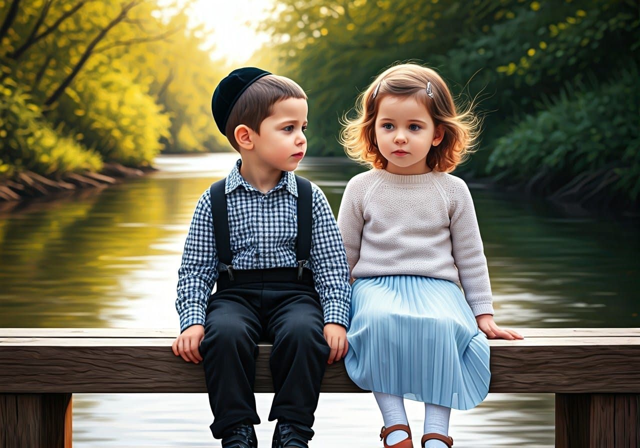 Hasidic Boy and Girl by River, Watercolor Sketch
