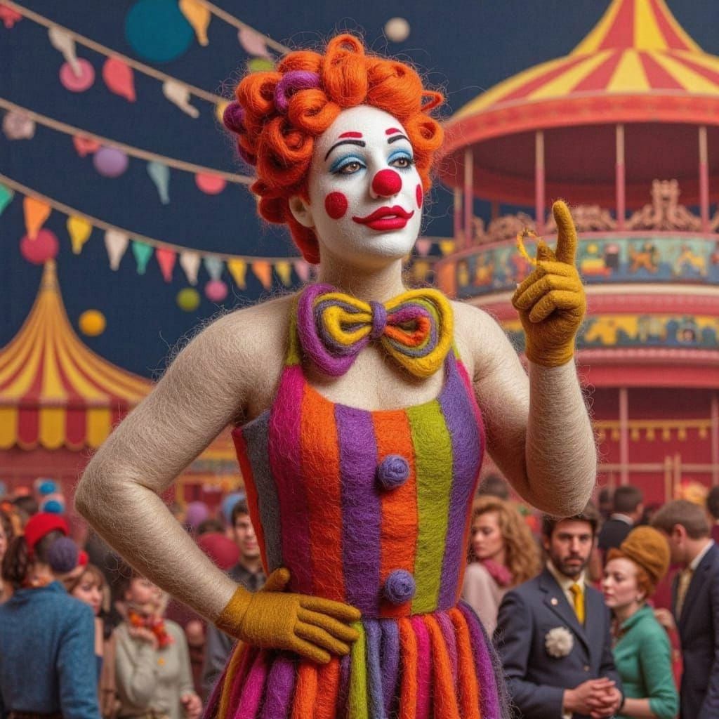 Whimsical Circus Clown in Vibrant Wool Portrait