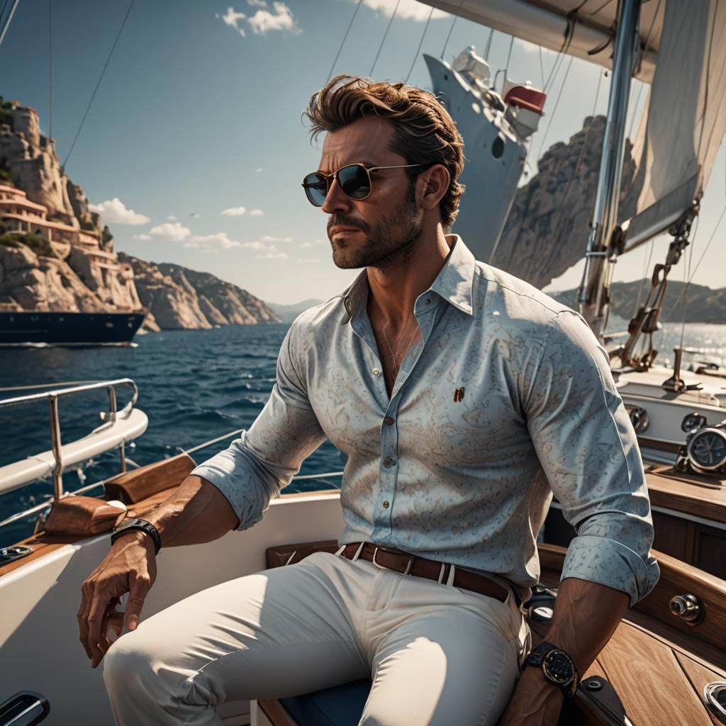 Man on Yacht in Mediterranean: Detailed Digital Painting