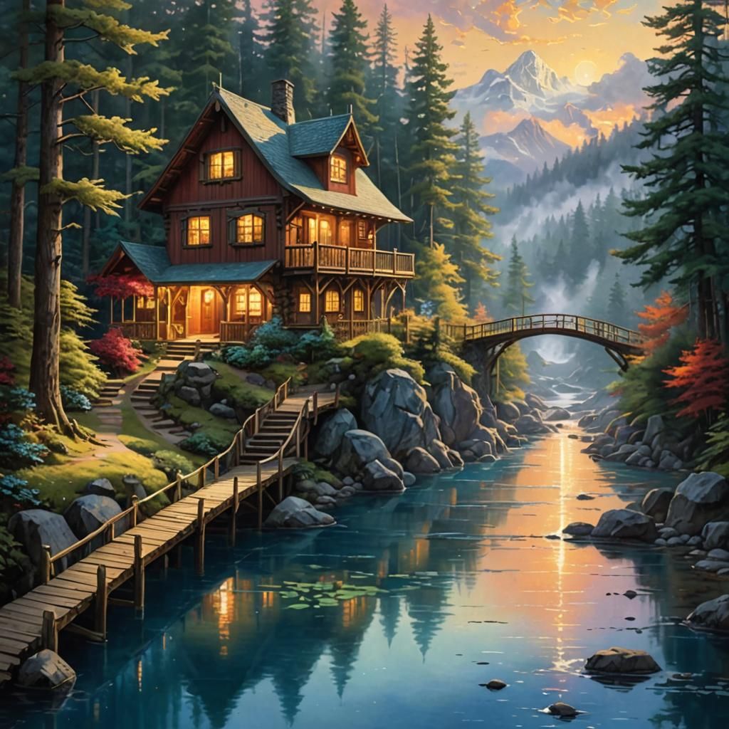 Pine Forest Inn with Footbridge, Hyperrealistic Fantasy Art