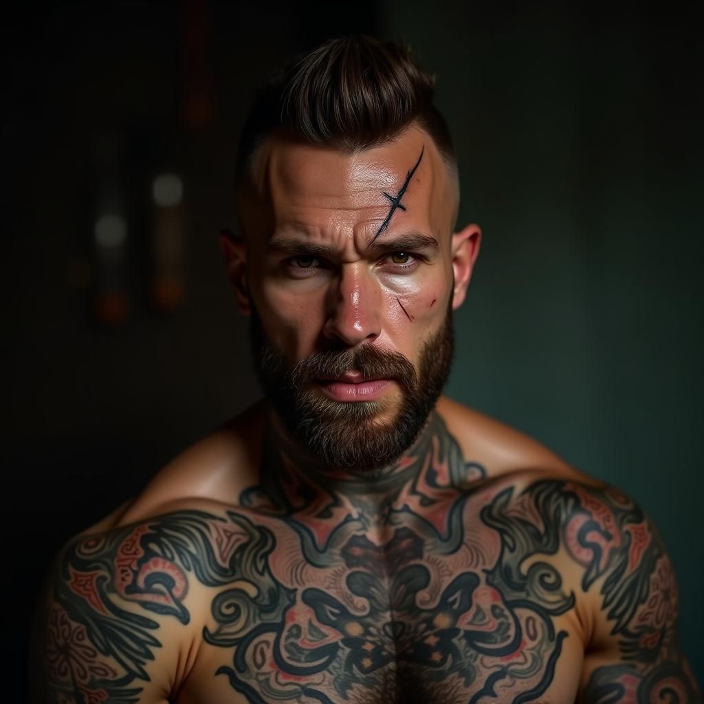 Muscular Russian Man Portrait with Tattoos and Scar