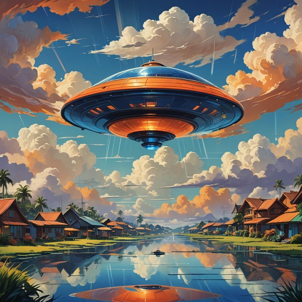 Art Deco Flying Saucer with Lovers in the Sky