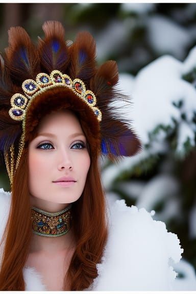 A petite redhead lady in the snow, elaborate headdress fan of peacock-feathers, wearing intricate bear-skin bikini, orna...