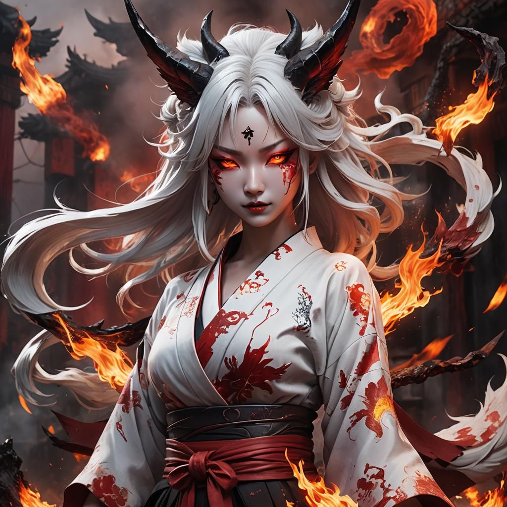 Fiery Demon Kitsune Girl in Apocalyptic Landscape