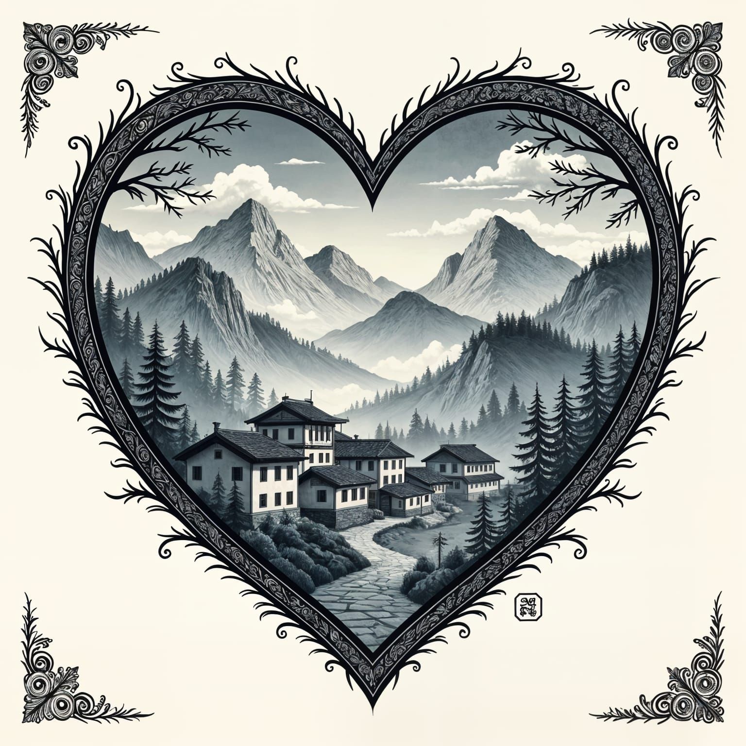 Heart-Shaped Mountain Life Photo with Tattoo Style