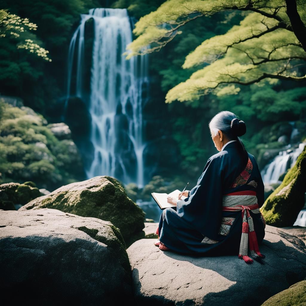 Elderly Woman Writing Haiku by Waterfall