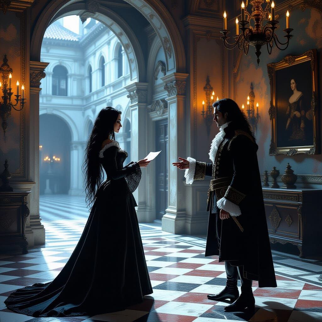 Clandestine Meeting in Venice: Hyperrealistic Dramatic Light...