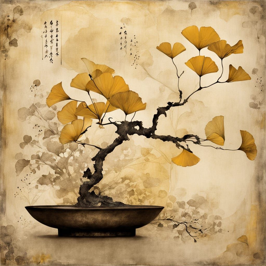 Ethereal Sumi-e Ink Art with Ikebana Arrangement