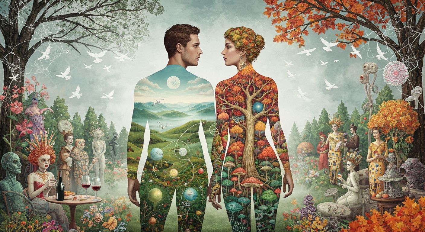 Surreal Landscape with Birds in Flight and Glowing Mist