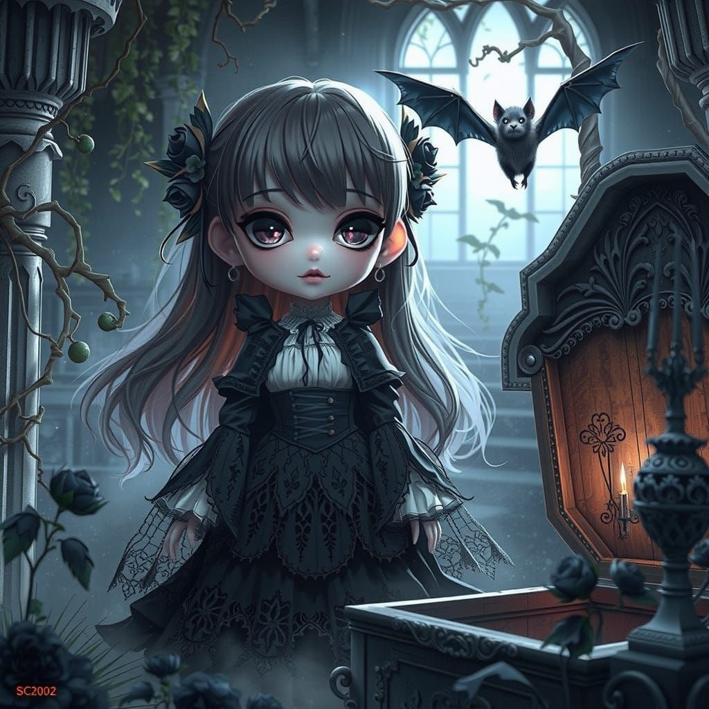 Surreal Gothic Vampire Girl in a Haunted Castle Scene