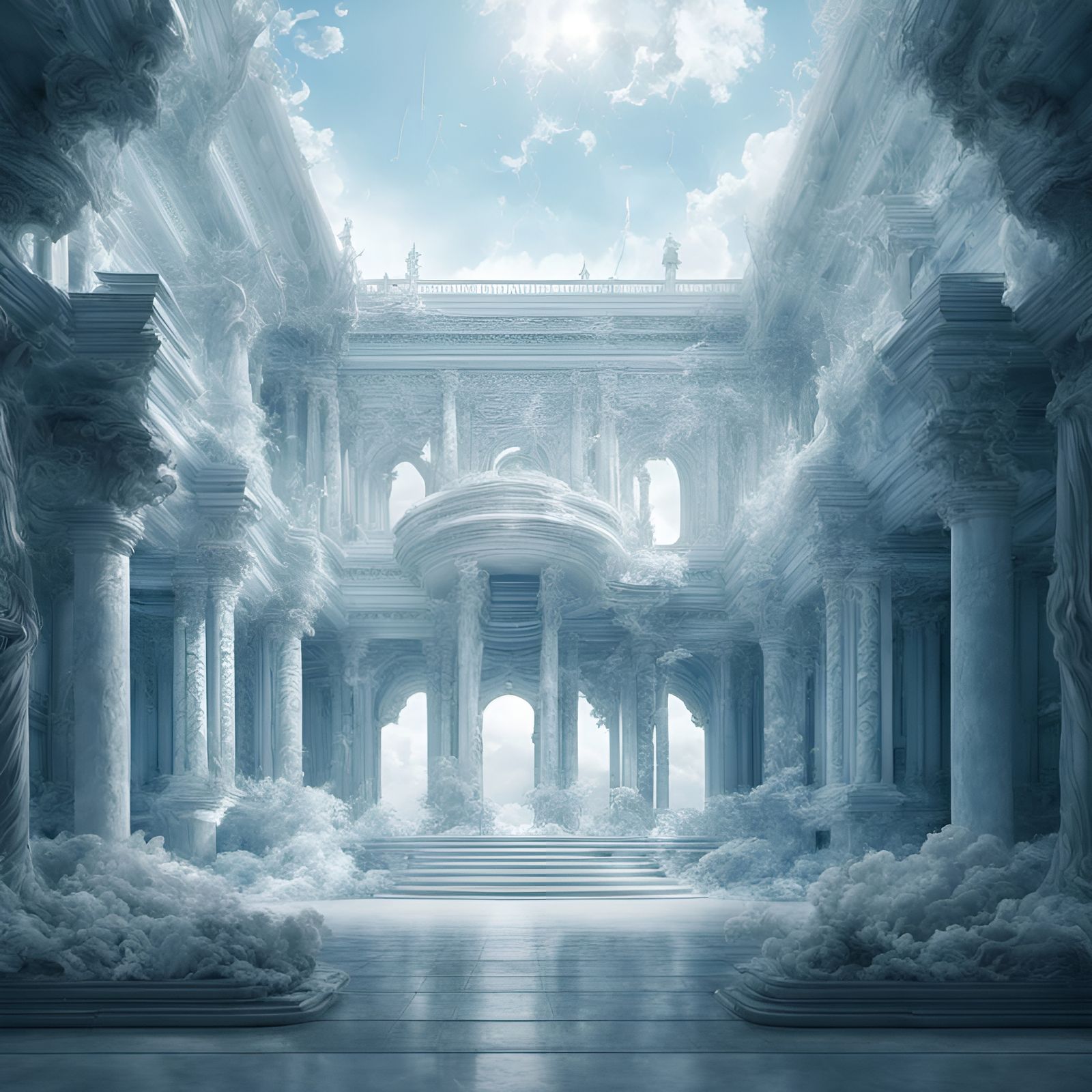 Icy Blue Celestial Palace Under Airy Skies