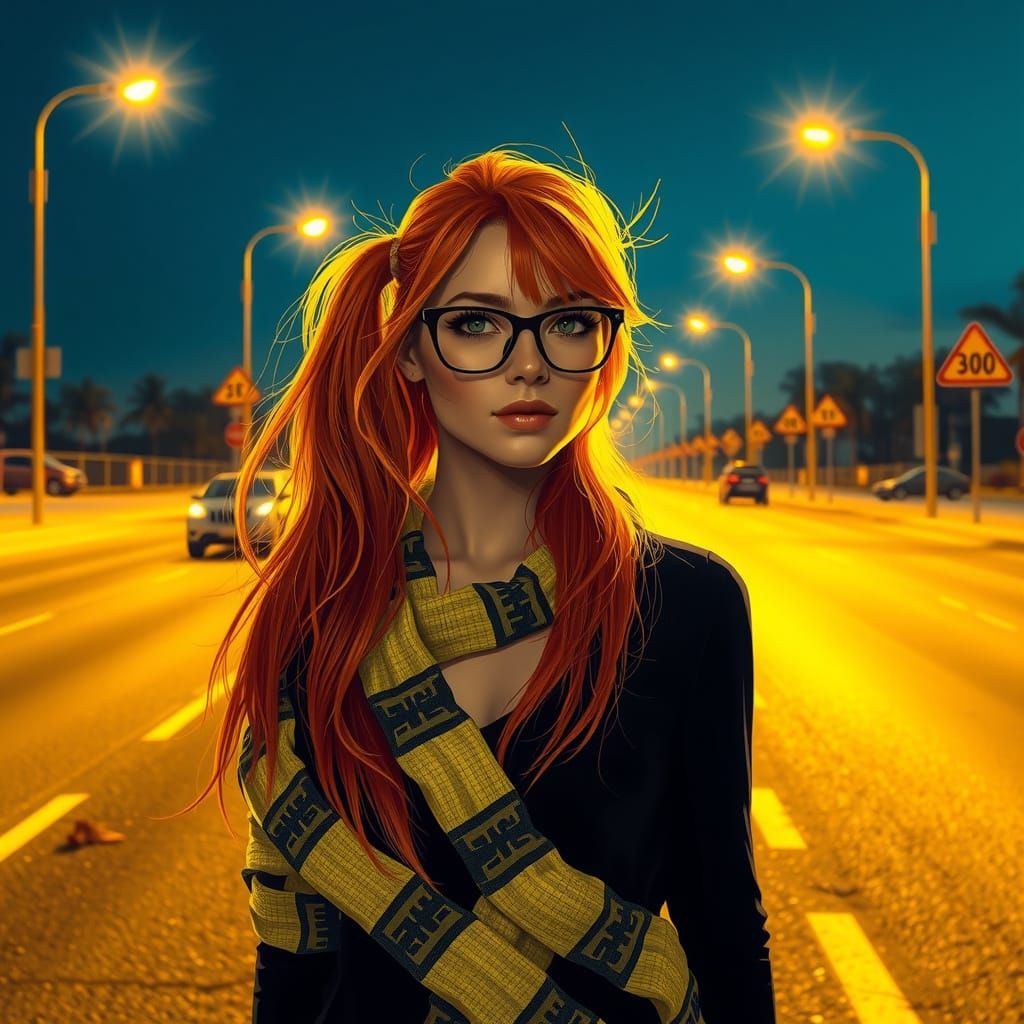 Confident Woman at Roadblock, Inspired by Cyberpunk Aestheti...