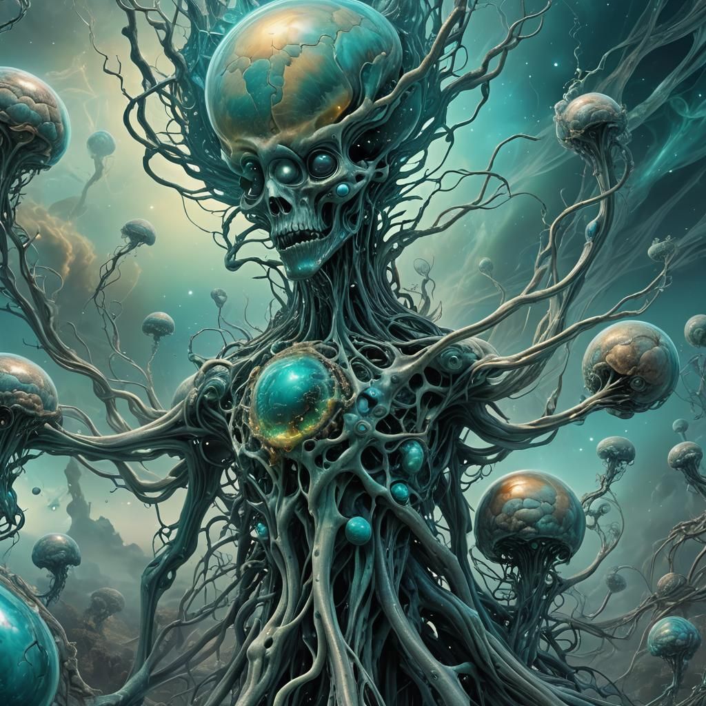 Surreal Biomechanics: Alien Growths in Ethereal Mist