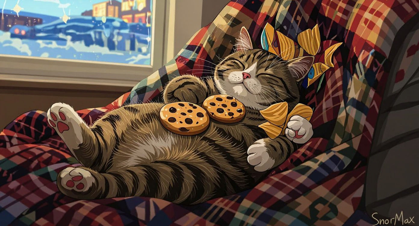 Cartoon Tabby Cat Lounging with Snacks