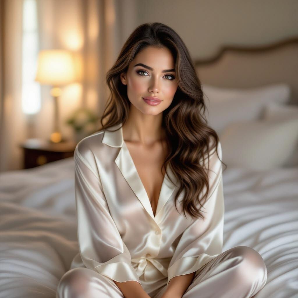 Elegant Woman in Silk Pajamas, Softly Lit Photography