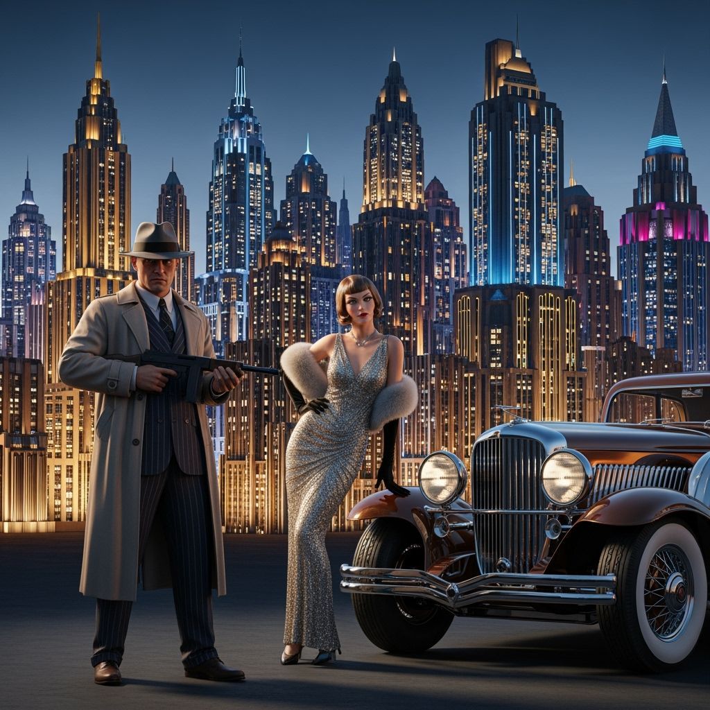 Art Deco Gangster with Glamorous Woman in Cityscape