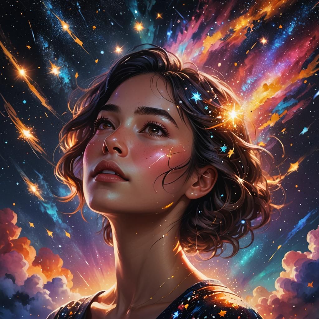 Woman Gazing at Starry Night Sky in Splash Art