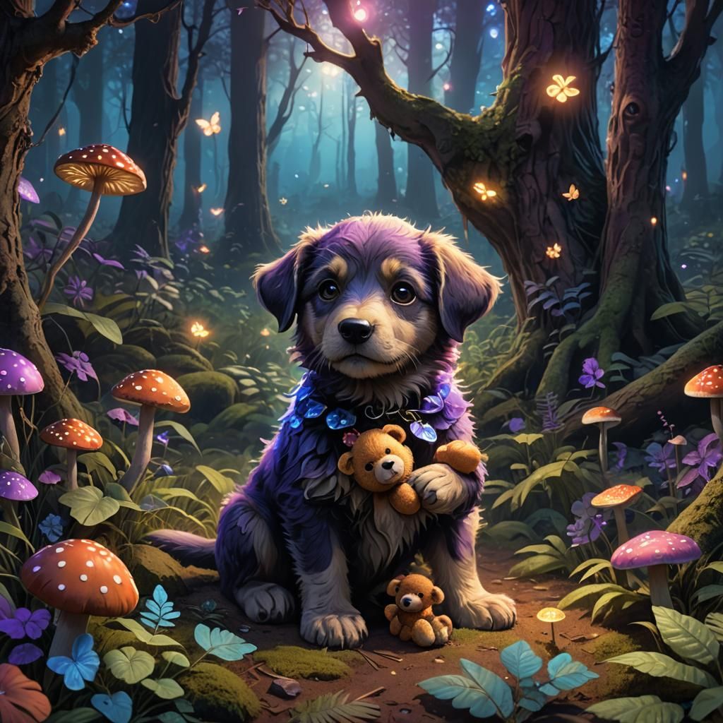 Moppet the Puppy and Teddy Bear in Mystical Forest