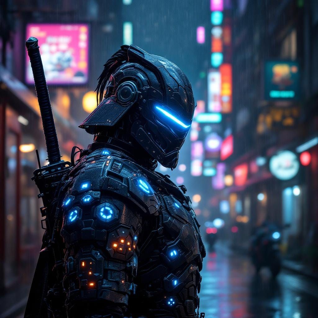 Cyberpunk Samurai in Neon Alley with Futuristic Armor