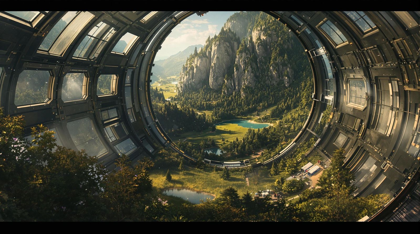 Lush Asteroid in Metallic Sphere: Cinematic Film Still