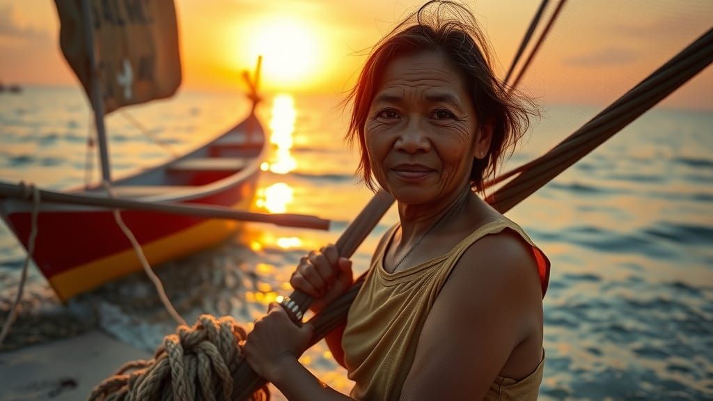 Filipina Fisherman's Serene Moment in Golden Dawn Light