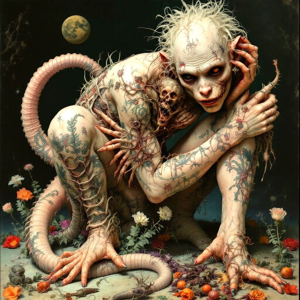 Surreal Tattooed Contortionist in Imperial Colors