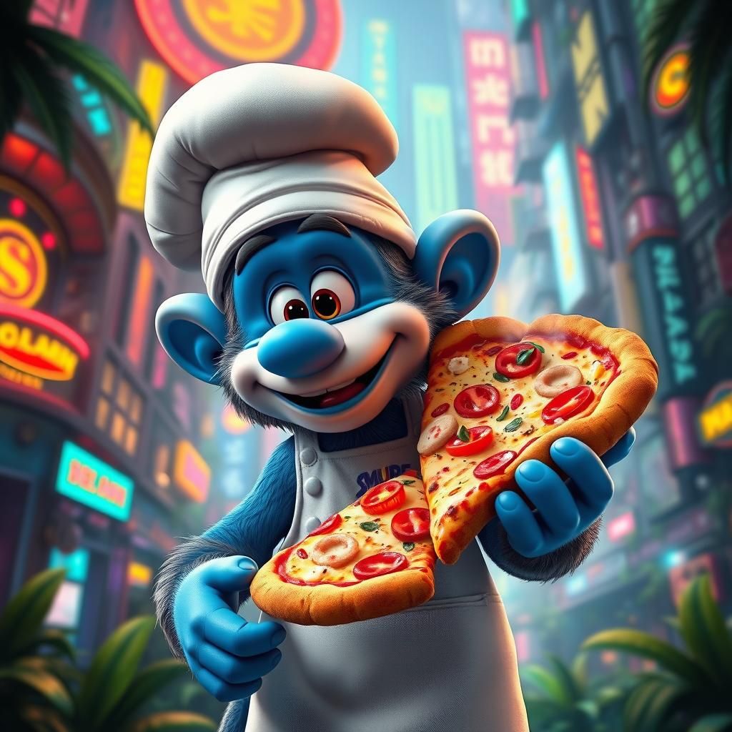 Smurf Monkey Chef Holding Pizza in Neon Jungle