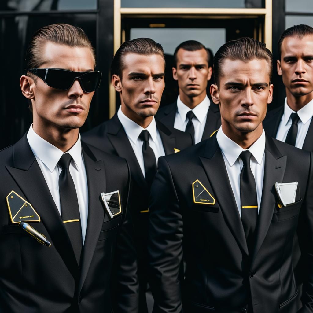 Young Bodyguards in Tuxedos Holding Tasers