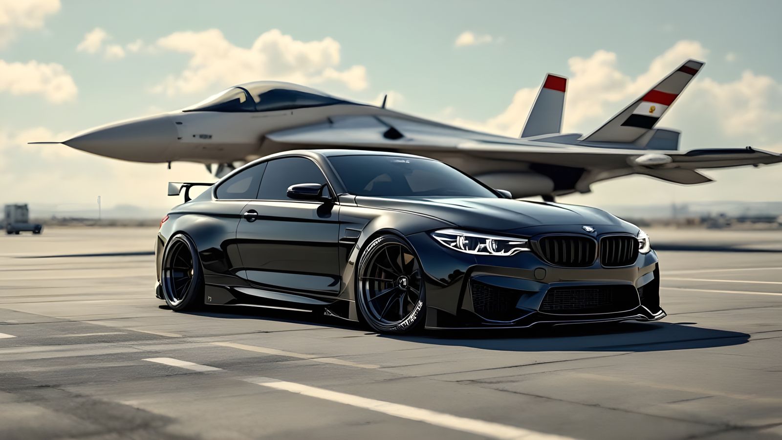 Black BMW on Airport Apron with Fighter Jet