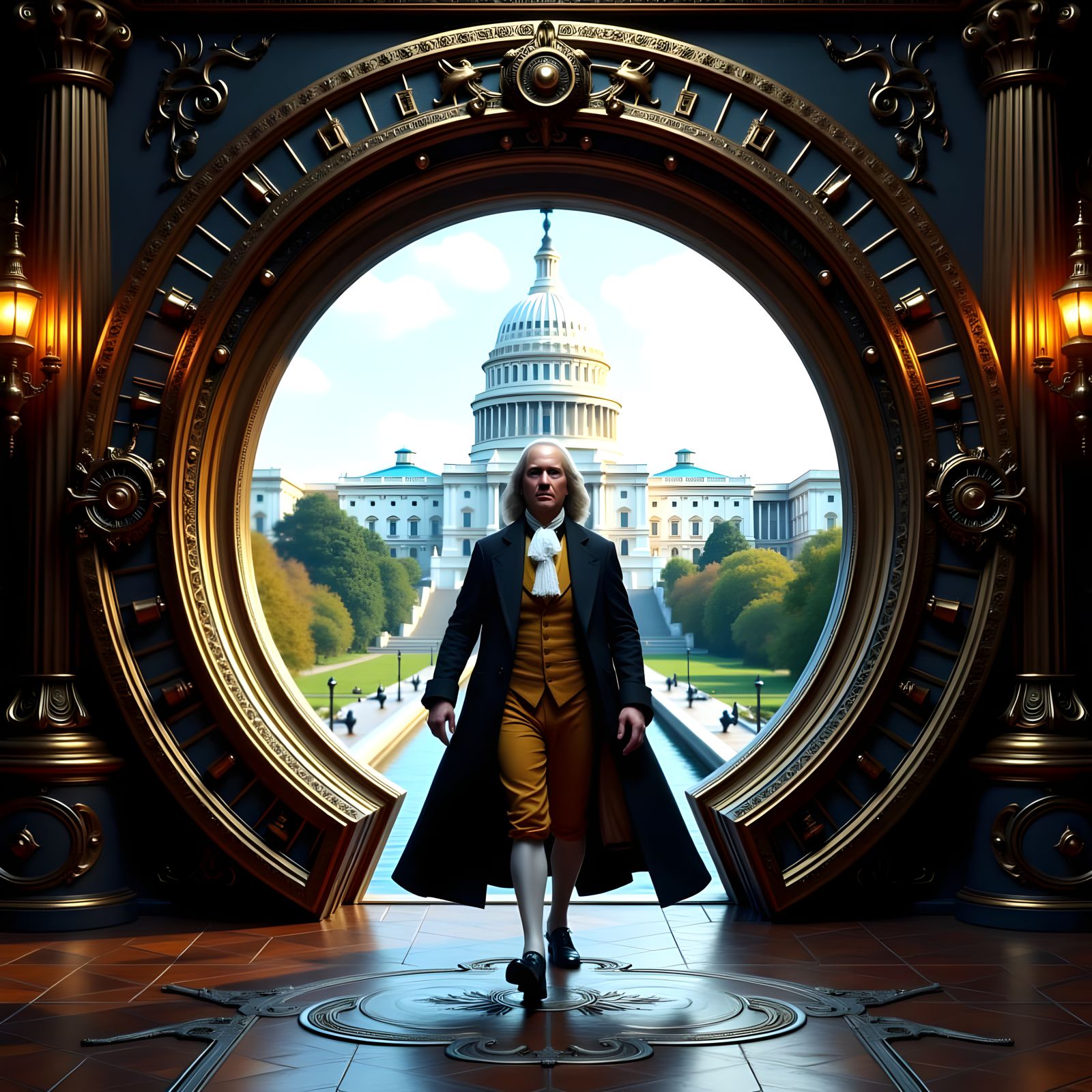 Steampunk Ben Franklin Arrives Through Time Portal