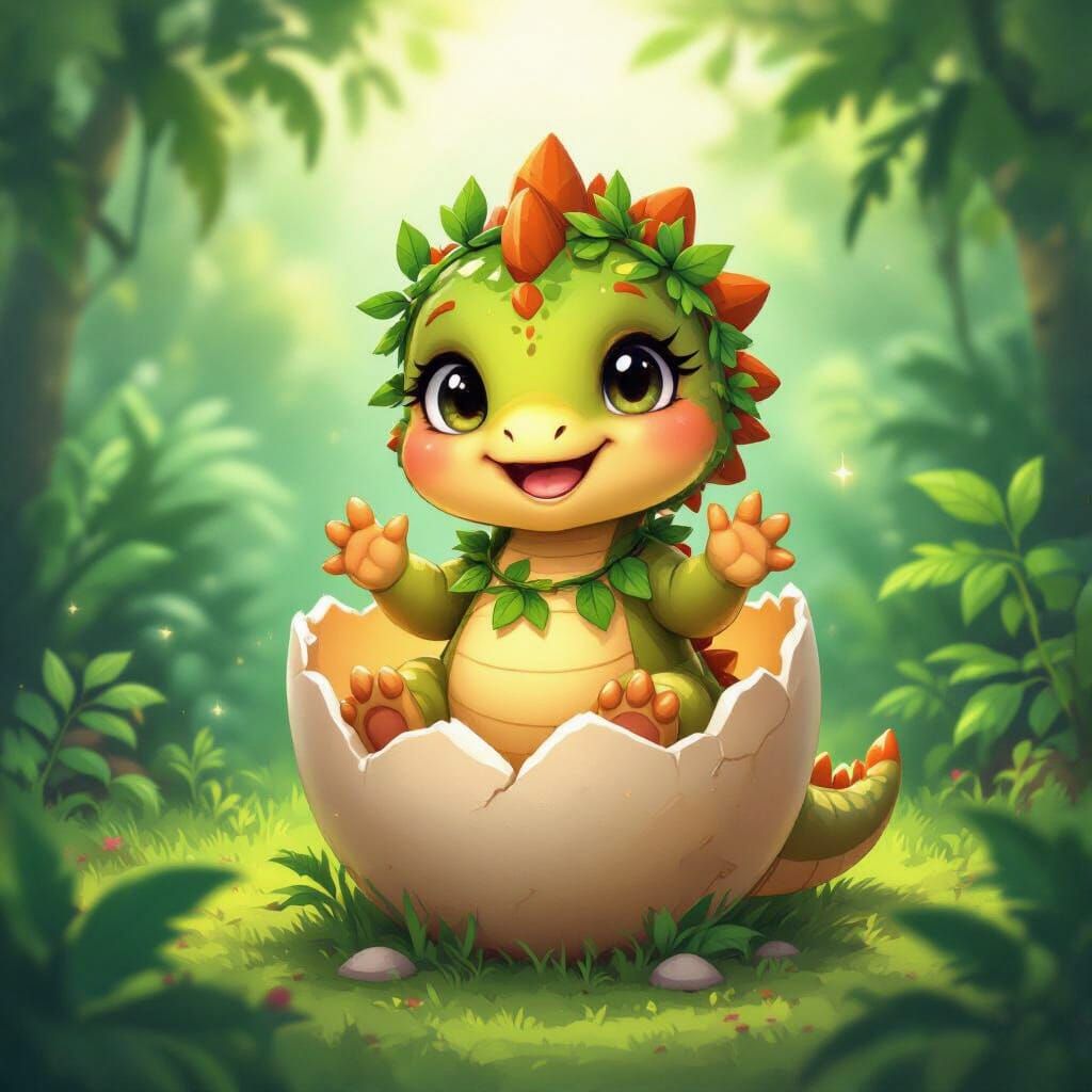 Baby Dinosaur Waving in Glowing Jurassic Jungle