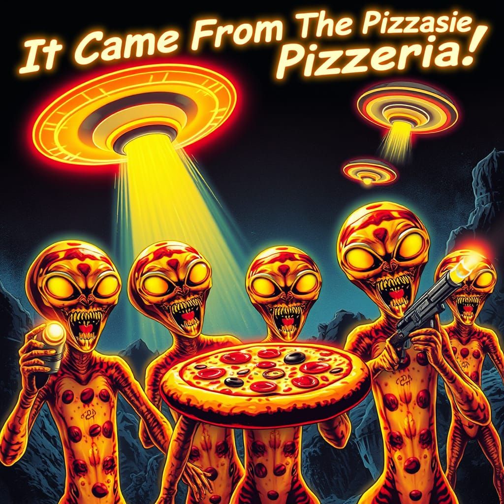 Pizza Aliens Invade: A 1950s Sci-Fi Poster