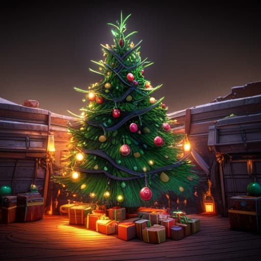 Festive Christmas Tree With Presents in Dark Fantasy Style