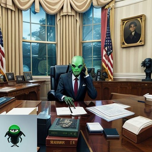 Alien Occupies the Oval Office in Underground Comix Style