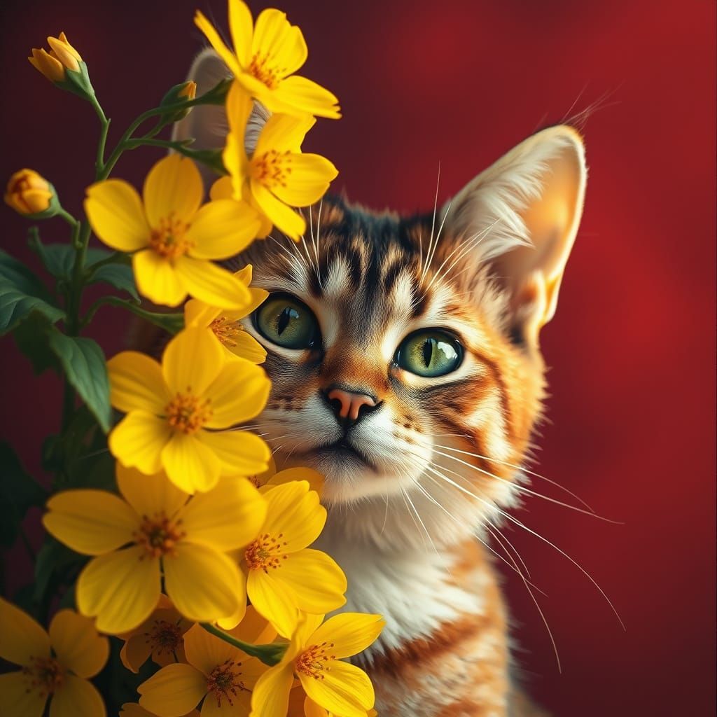Vibrant Yellow Flowers Hidden Behind a Whimsical Cat in Oil ...