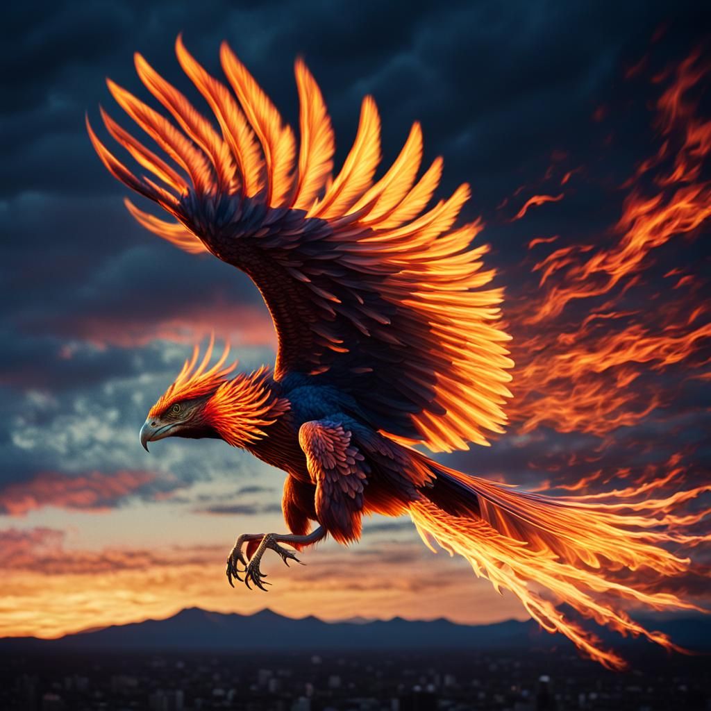 Hyperrealistic Phoenix in Flight at Twilight