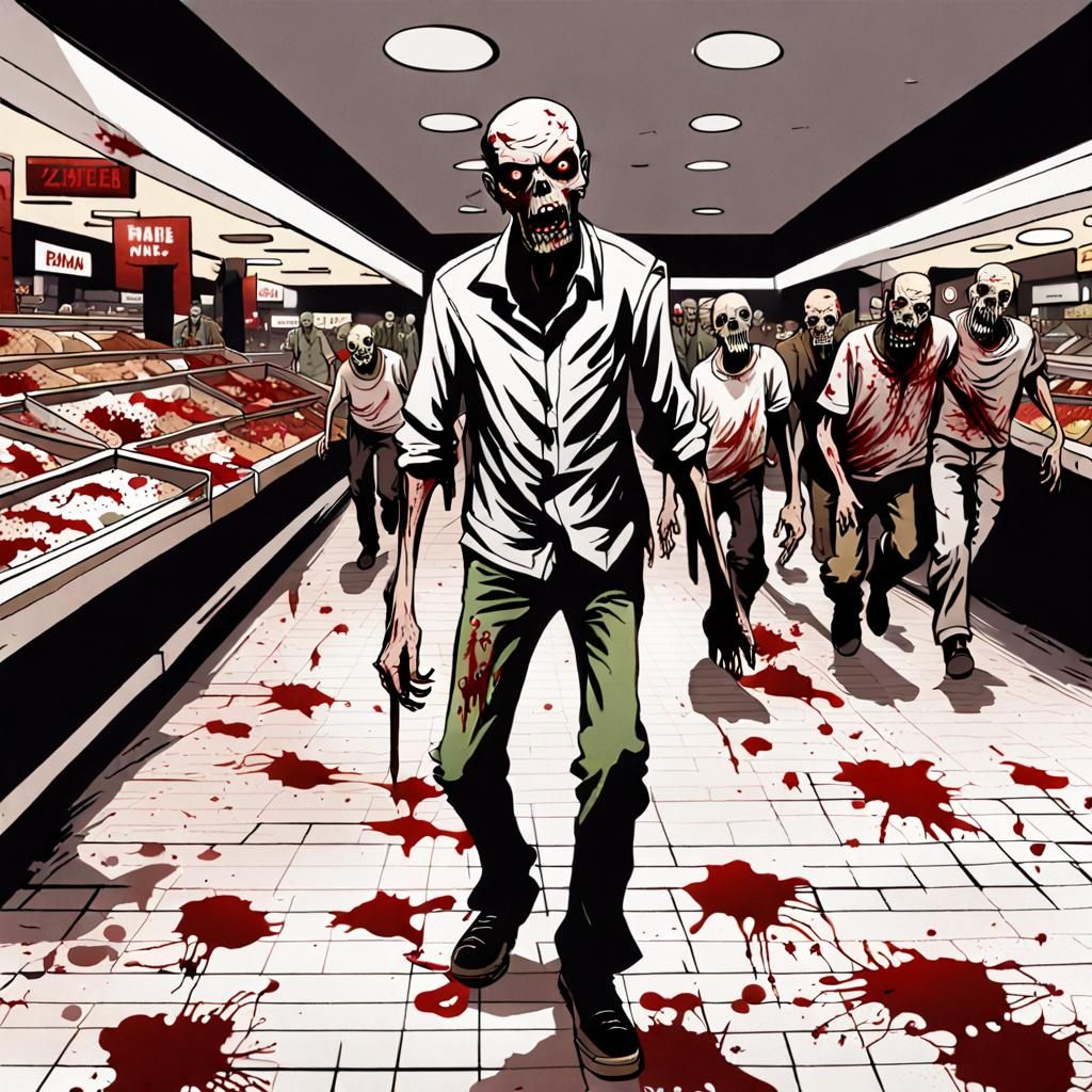 An Emaciated Zombie walks through a mall, in the background more zombies can be seen and they are attacking customers. T...