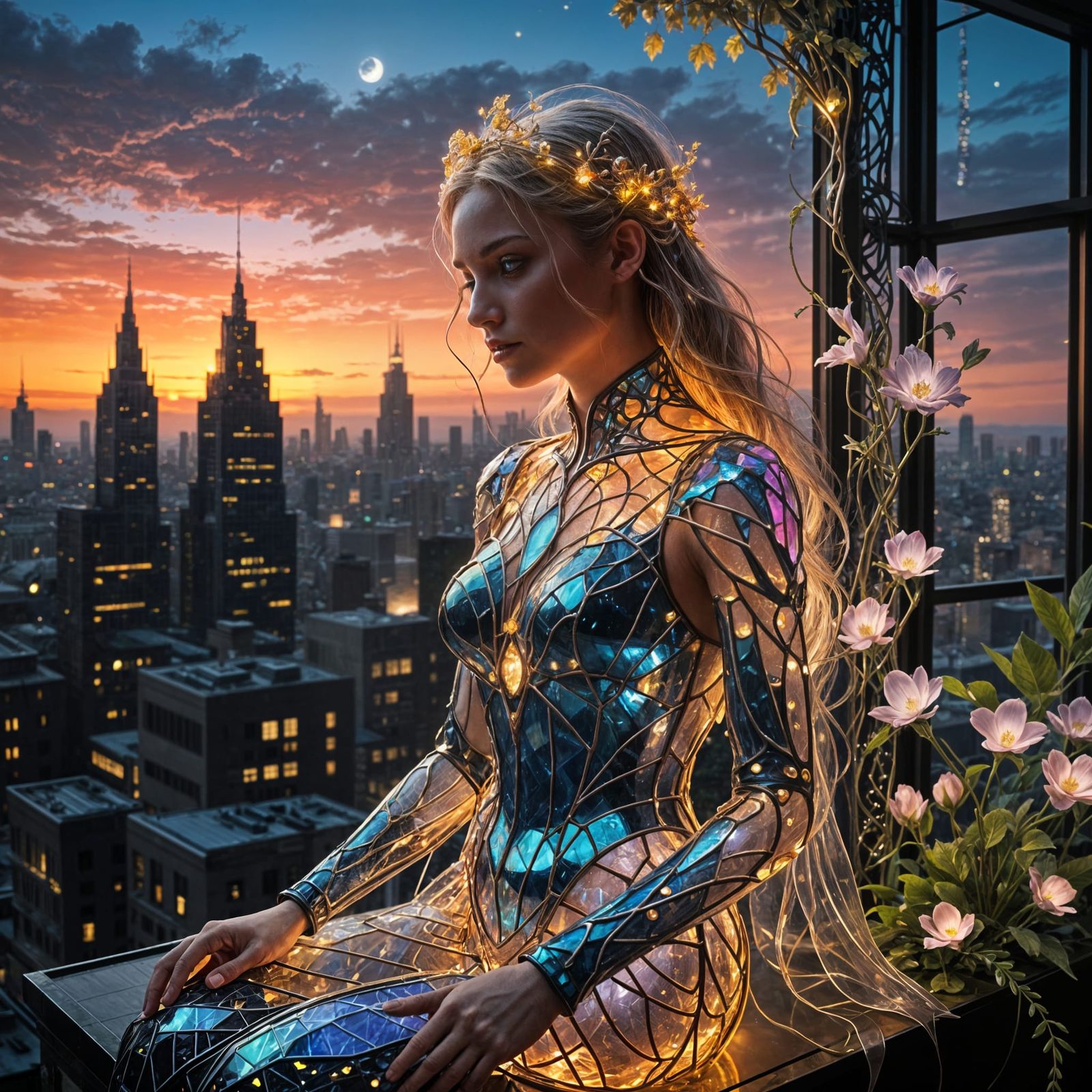 Solar Punk Goddess Carved from Filigreed Stone