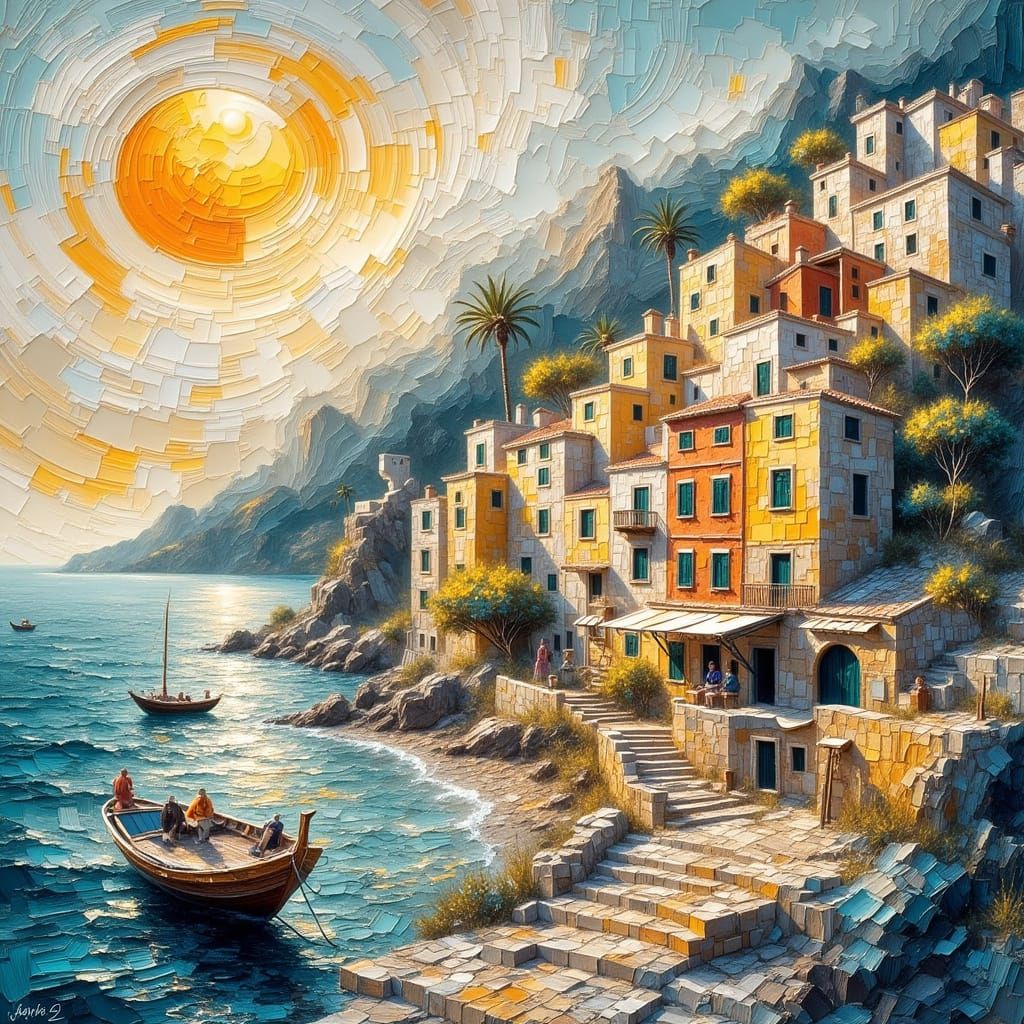 Mediterranean Seaside Village at Dusk, Textured Oil Painting