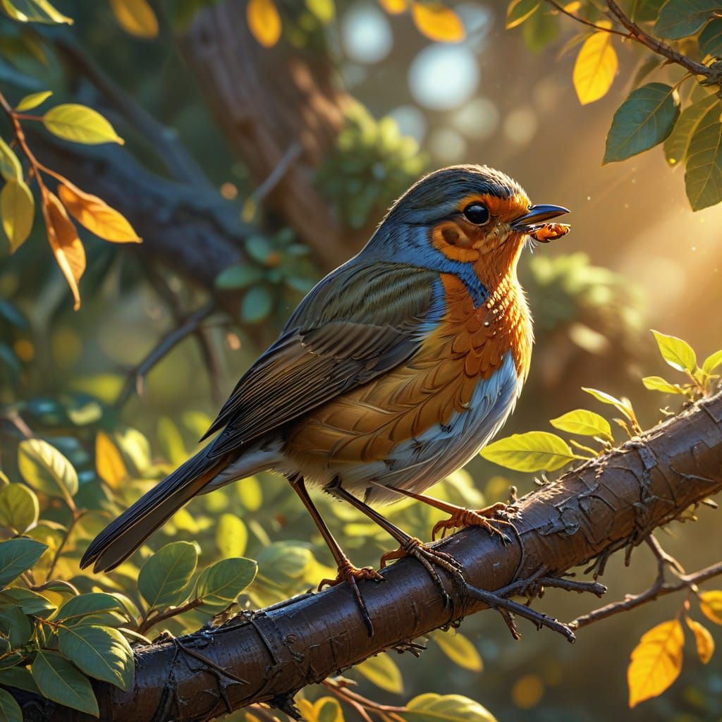 Robin on Branch in Golden Sunlight: Digital Art