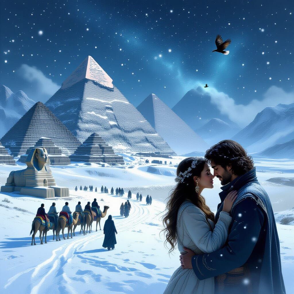 Tender Moment in Snow Before Ancient Pyramids